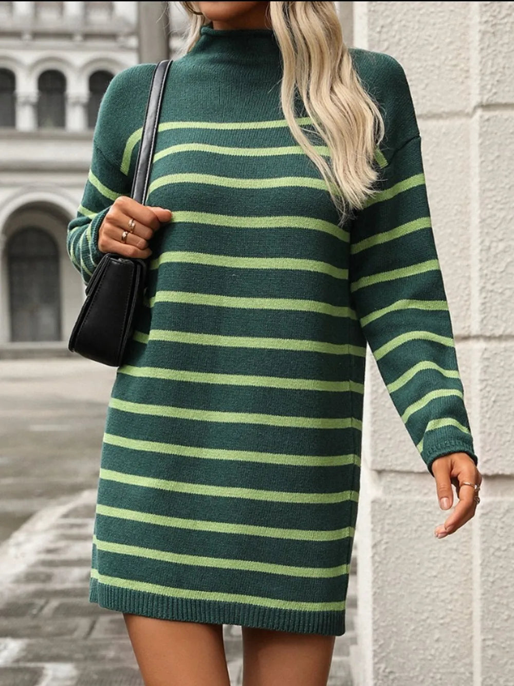 Striped Mock Neck Long Sleeve Mini Dress - Korvel