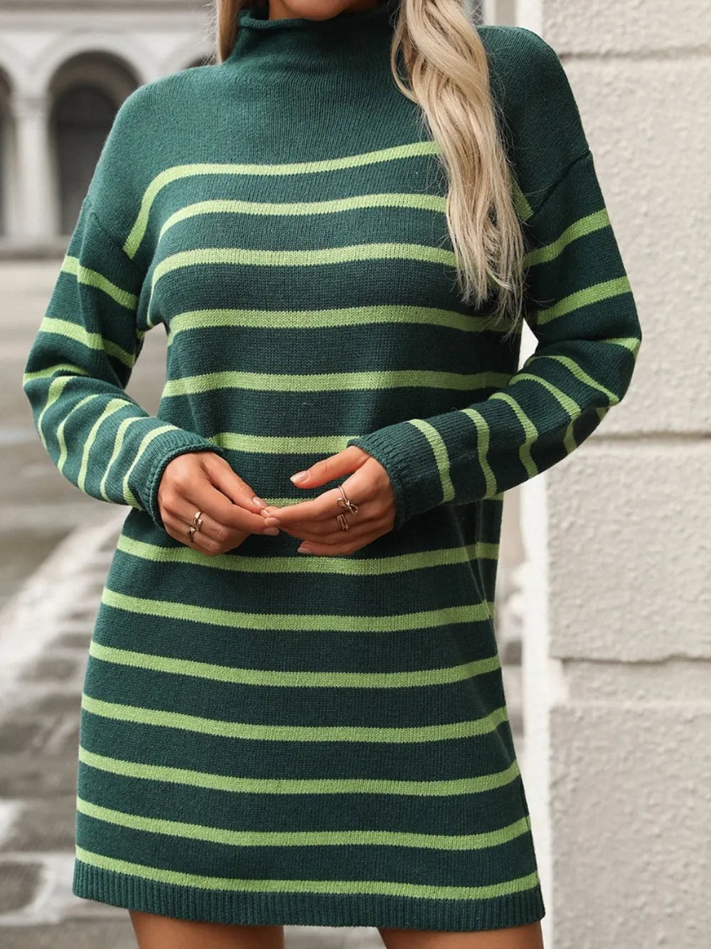 Striped Mock Neck Long Sleeve Mini Dress - Korvel