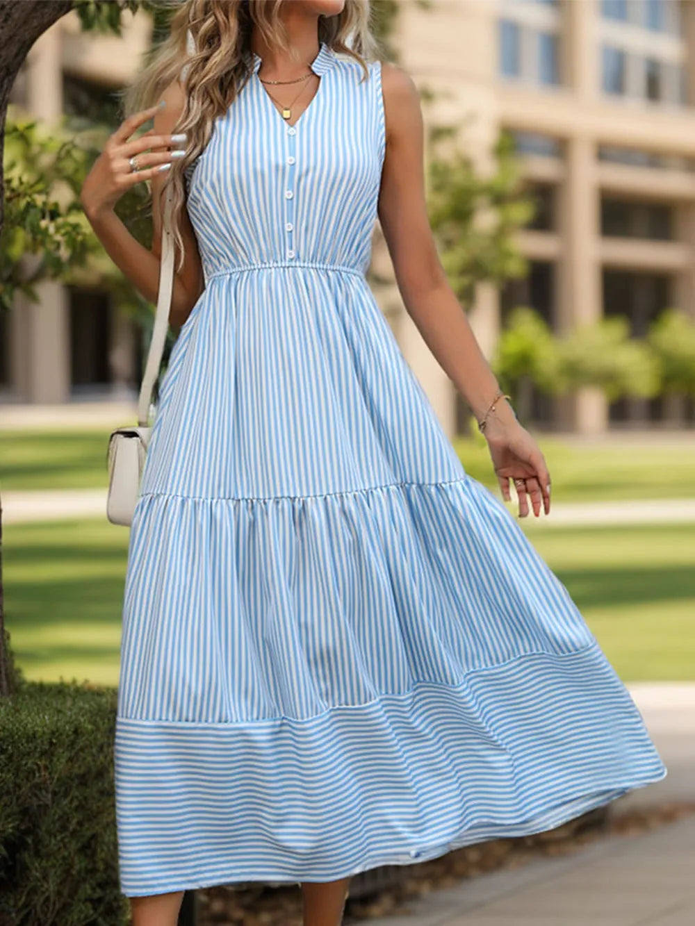 Striped Notched Sleeveless Midi Dress - Korvel