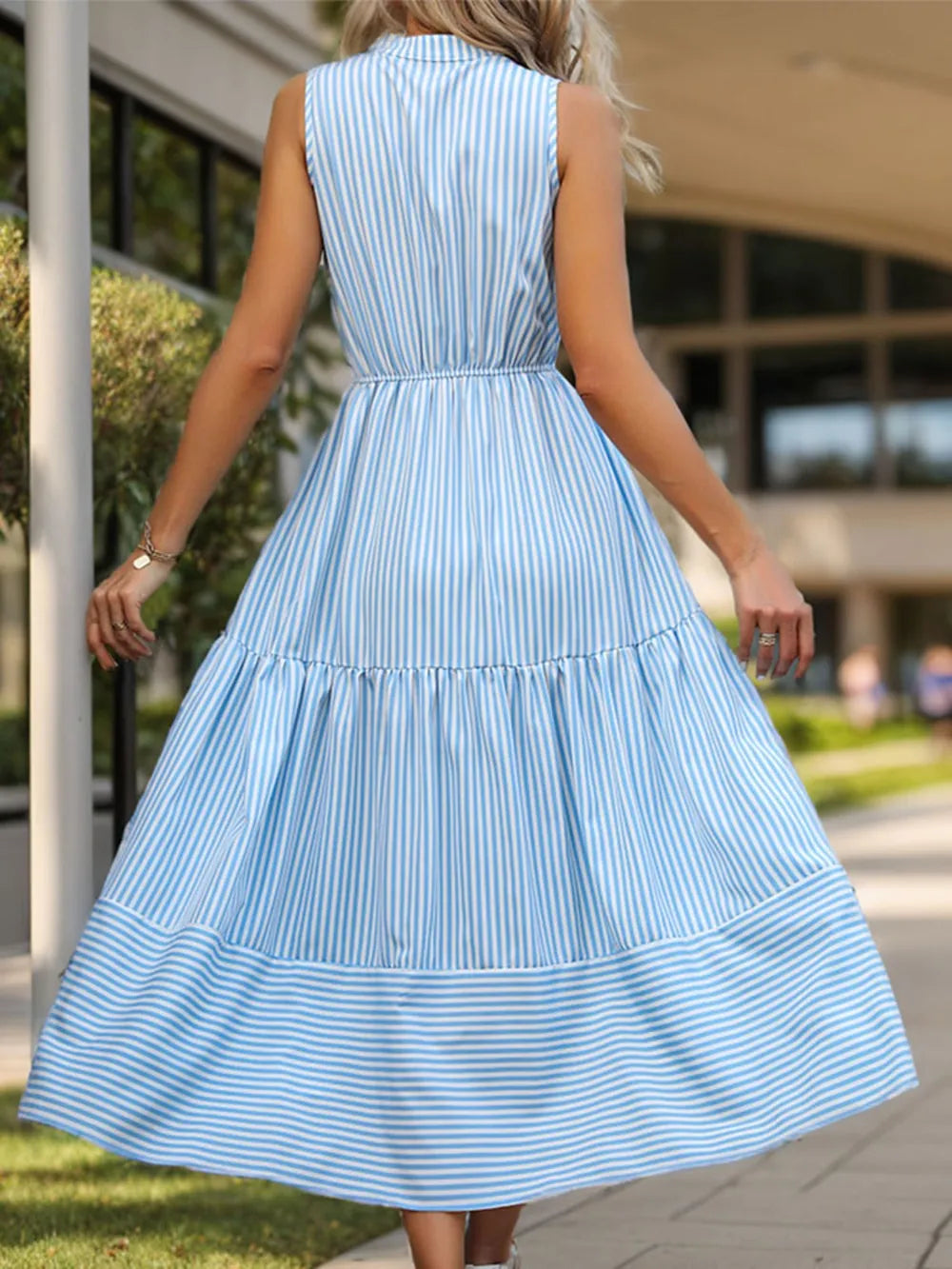 Striped Notched Sleeveless Midi Dress - Korvel