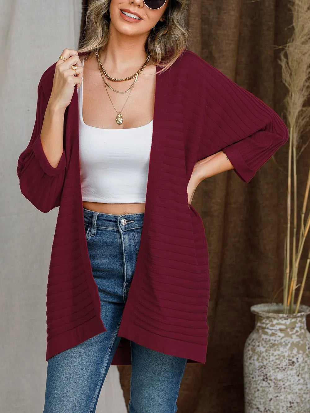Striped Open Front Knit Cardigan - Korvel