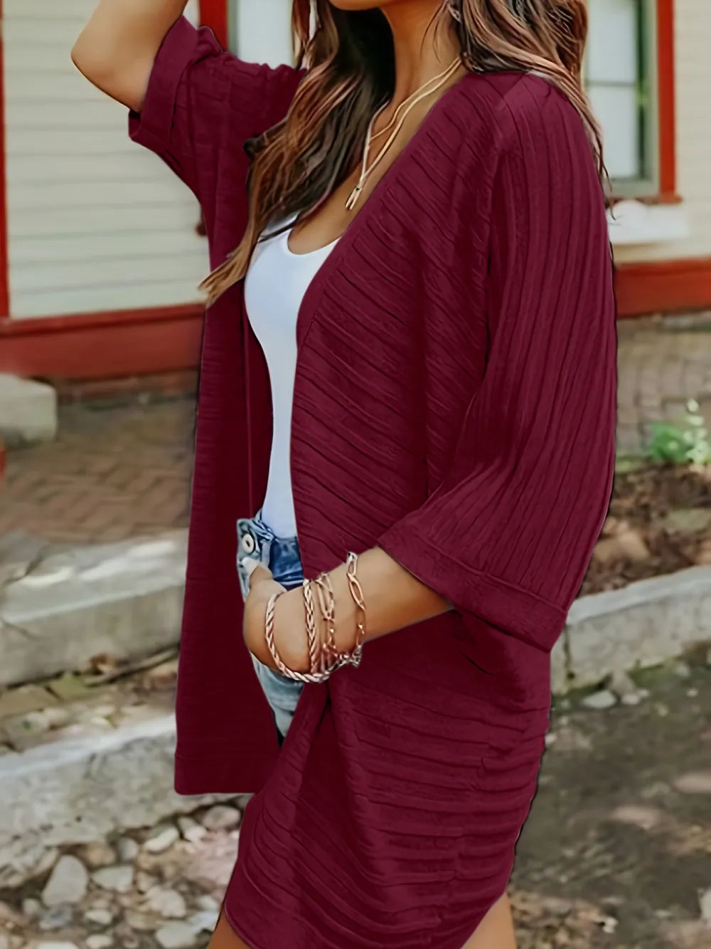 Striped Open Front Knit Cardigan - Korvel