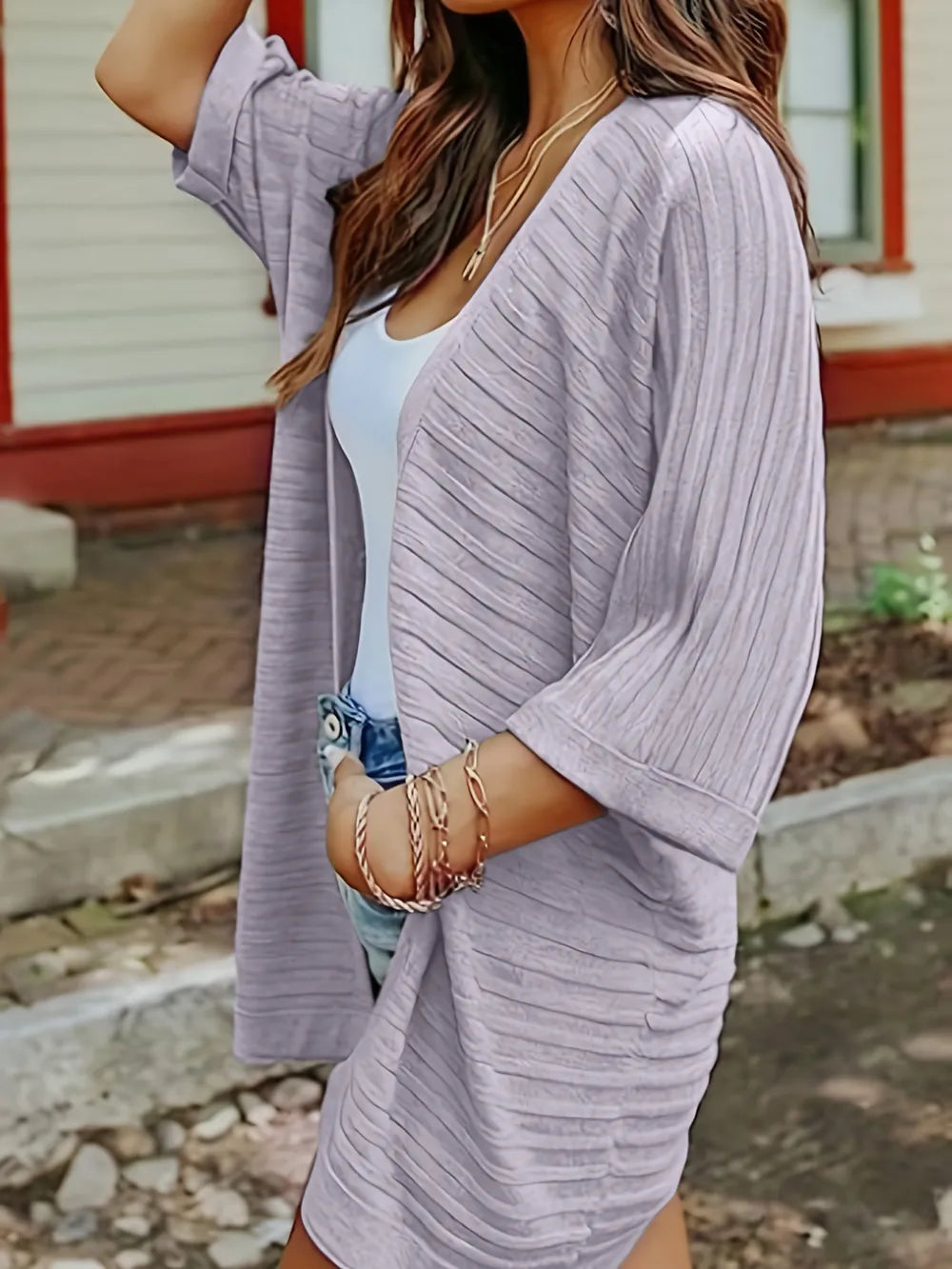 Striped Open Front Knit Cardigan - Korvel