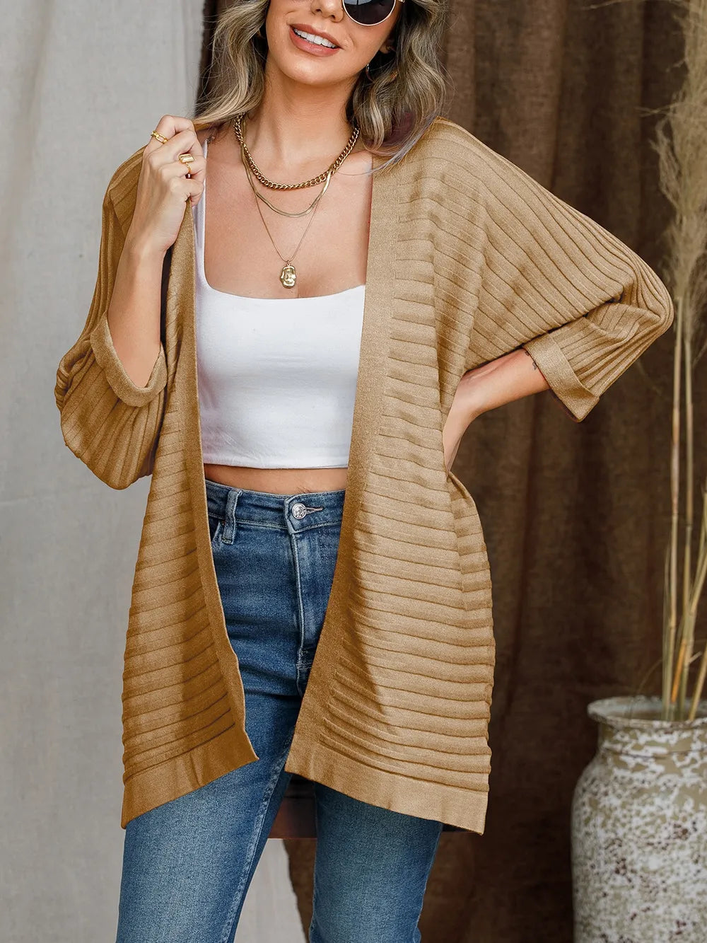 Striped Open Front Knit Cardigan - Korvel