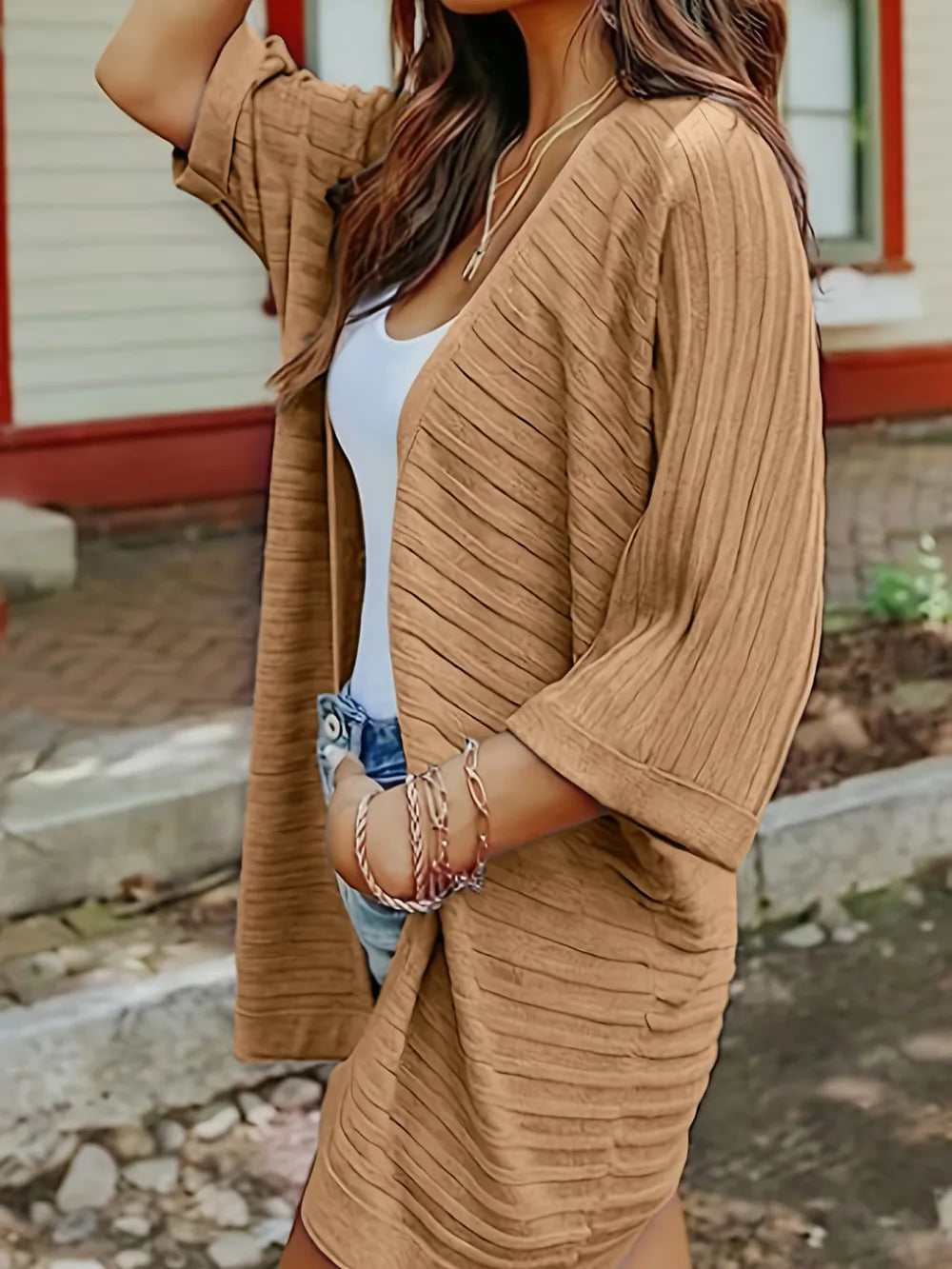 Striped Open Front Knit Cardigan - Korvel
