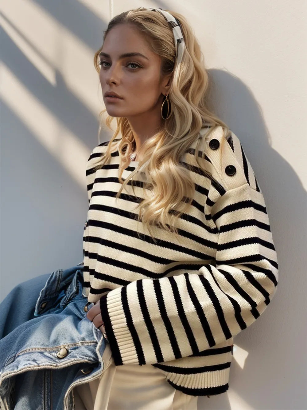 Striped Round Neck Long Sleeve Knit Top - Korvel