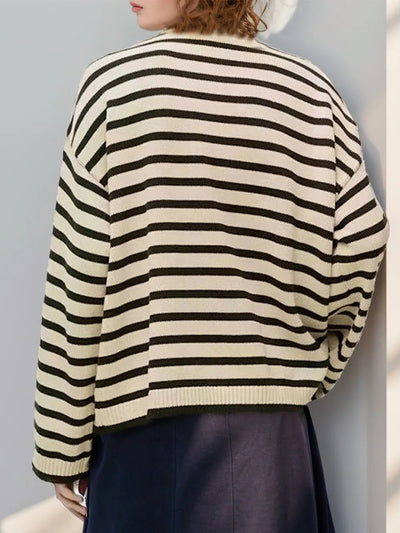 Striped Round Neck Long Sleeve Knit Top - Korvel