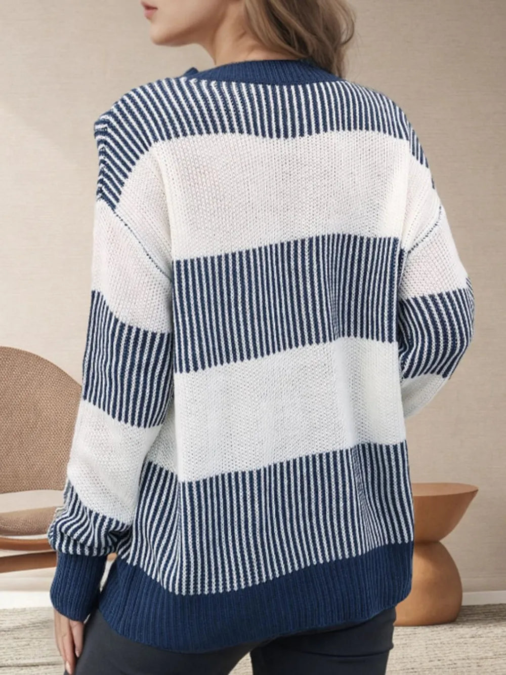 Striped Round Neck Long Sleeve Sweater - Korvel