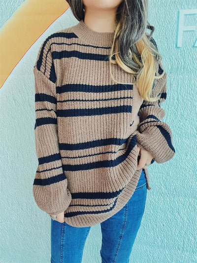 Striped Round Neck Long Sleeve Sweater - Korvel