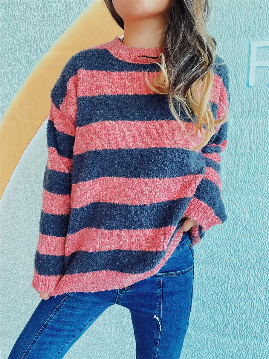 Striped Round Neck Long Sleeve Sweater - Korvel