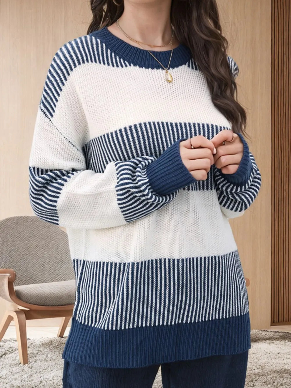 Striped Round Neck Long Sleeve Sweater - Korvel