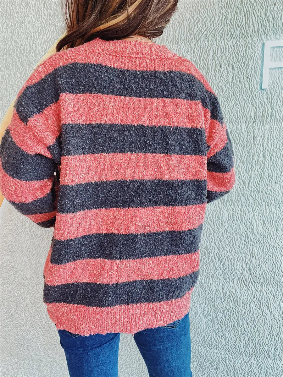 Striped Round Neck Long Sleeve Sweater - Korvel