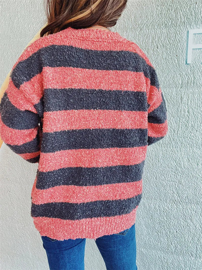 Striped Round Neck Long Sleeve Sweater - Korvel