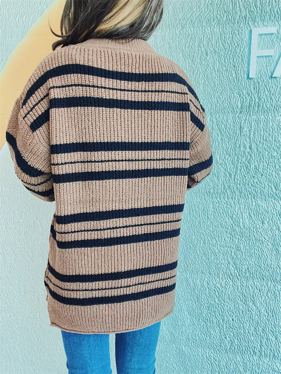 Striped Round Neck Long Sleeve Sweater - Korvel