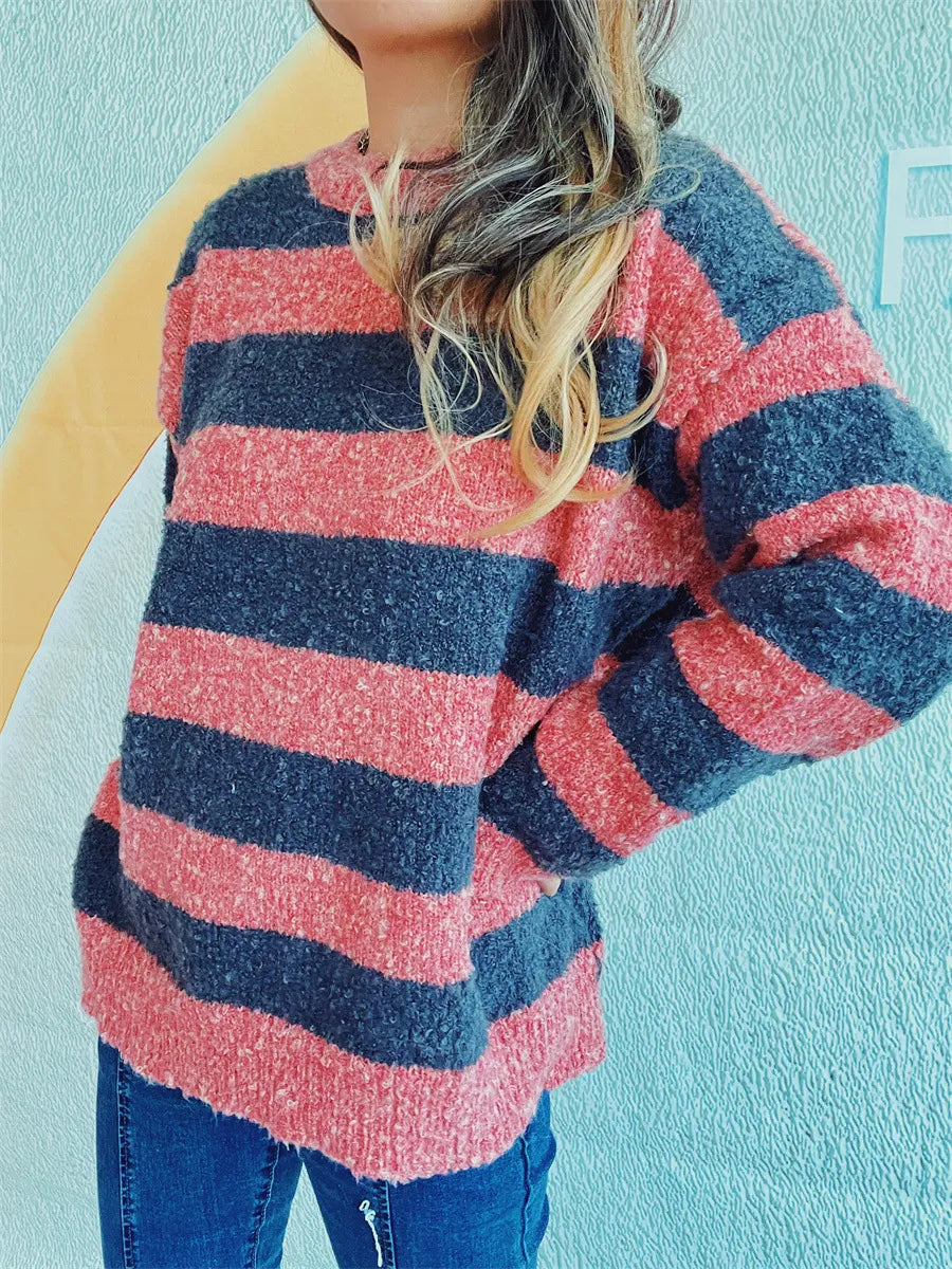 Striped Round Neck Long Sleeve Sweater - Korvel