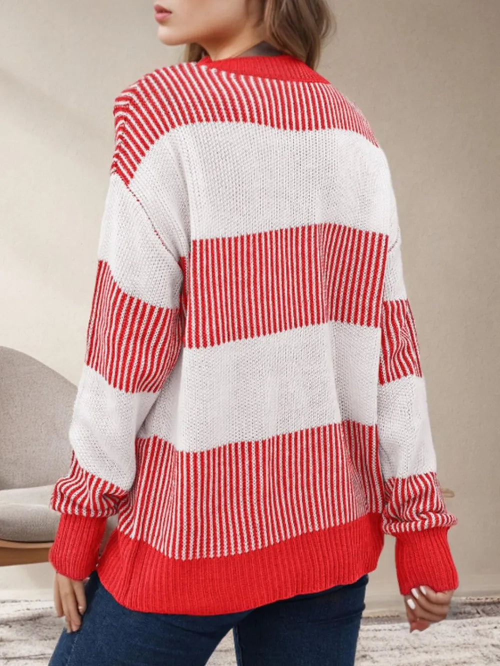 Striped Round Neck Long Sleeve Sweater - Korvel
