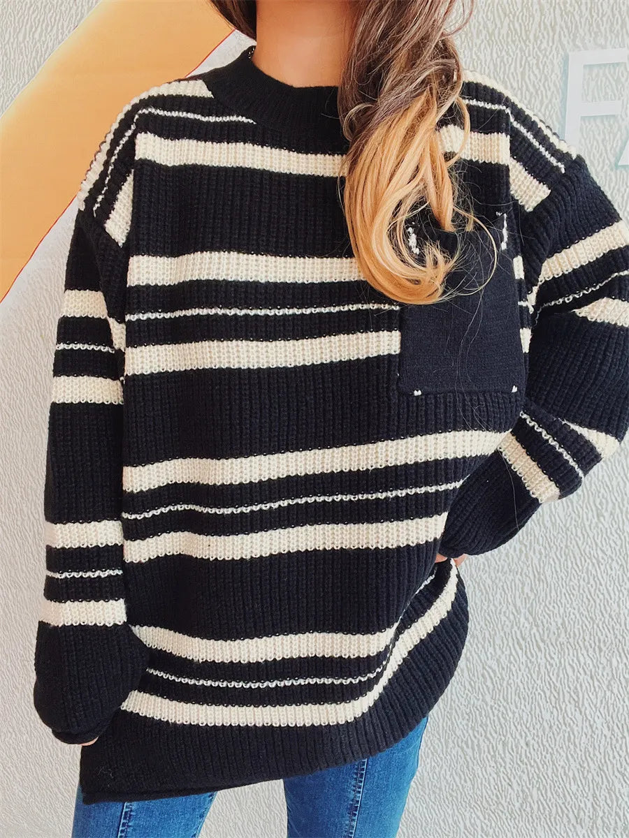 Striped Round Neck Long Sleeve Sweater - Korvel