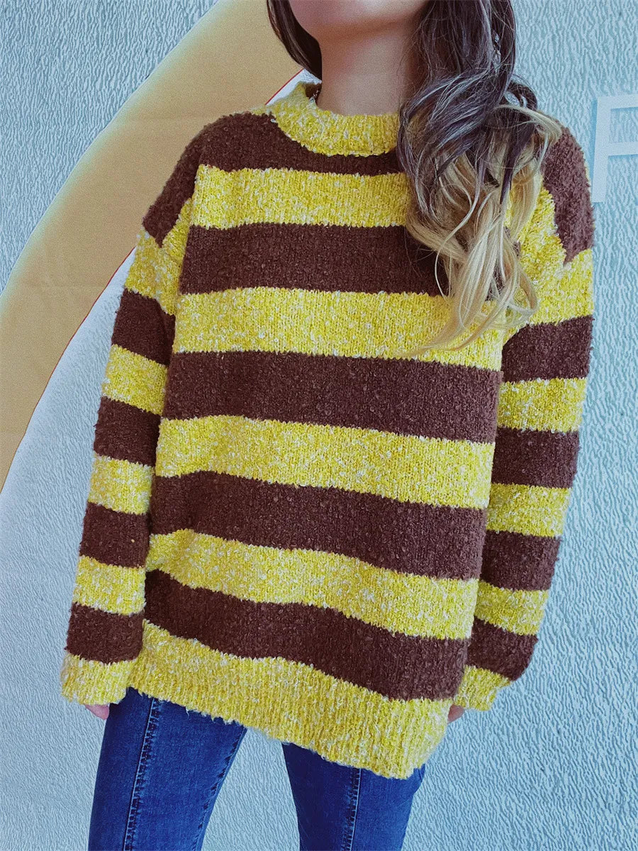 Striped Round Neck Long Sleeve Sweater - Korvel