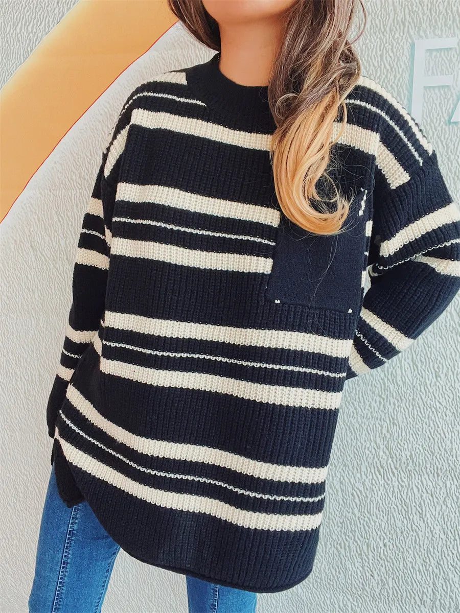 Striped Round Neck Long Sleeve Sweater - Korvel