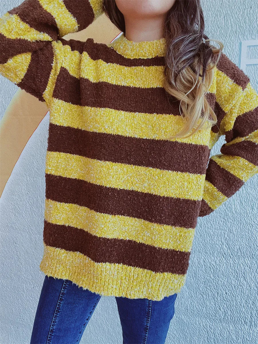 Striped Round Neck Long Sleeve Sweater - Korvel