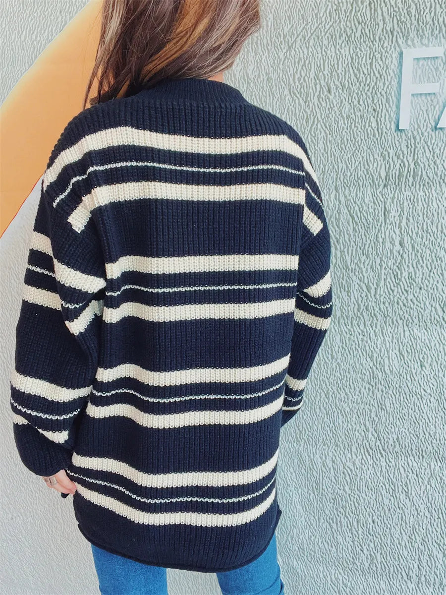 Striped Round Neck Long Sleeve Sweater - Korvel
