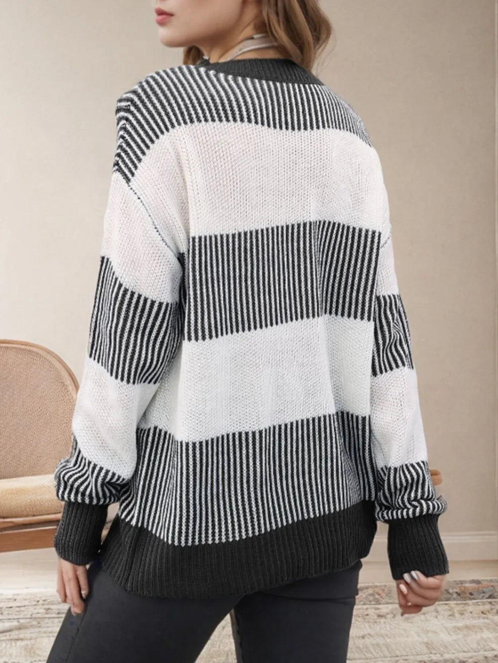 Striped Round Neck Long Sleeve Sweater - Korvel
