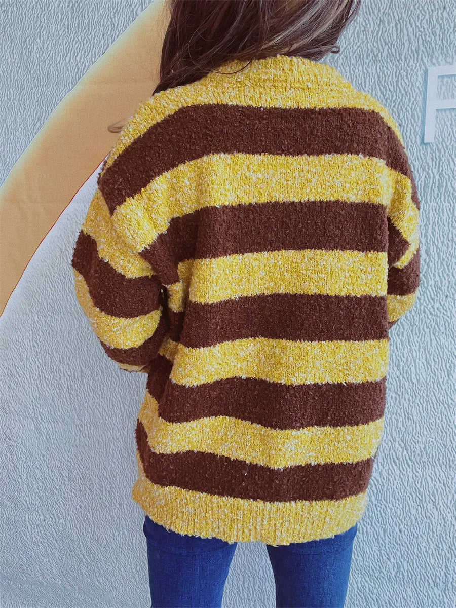 Striped Round Neck Long Sleeve Sweater - Korvel