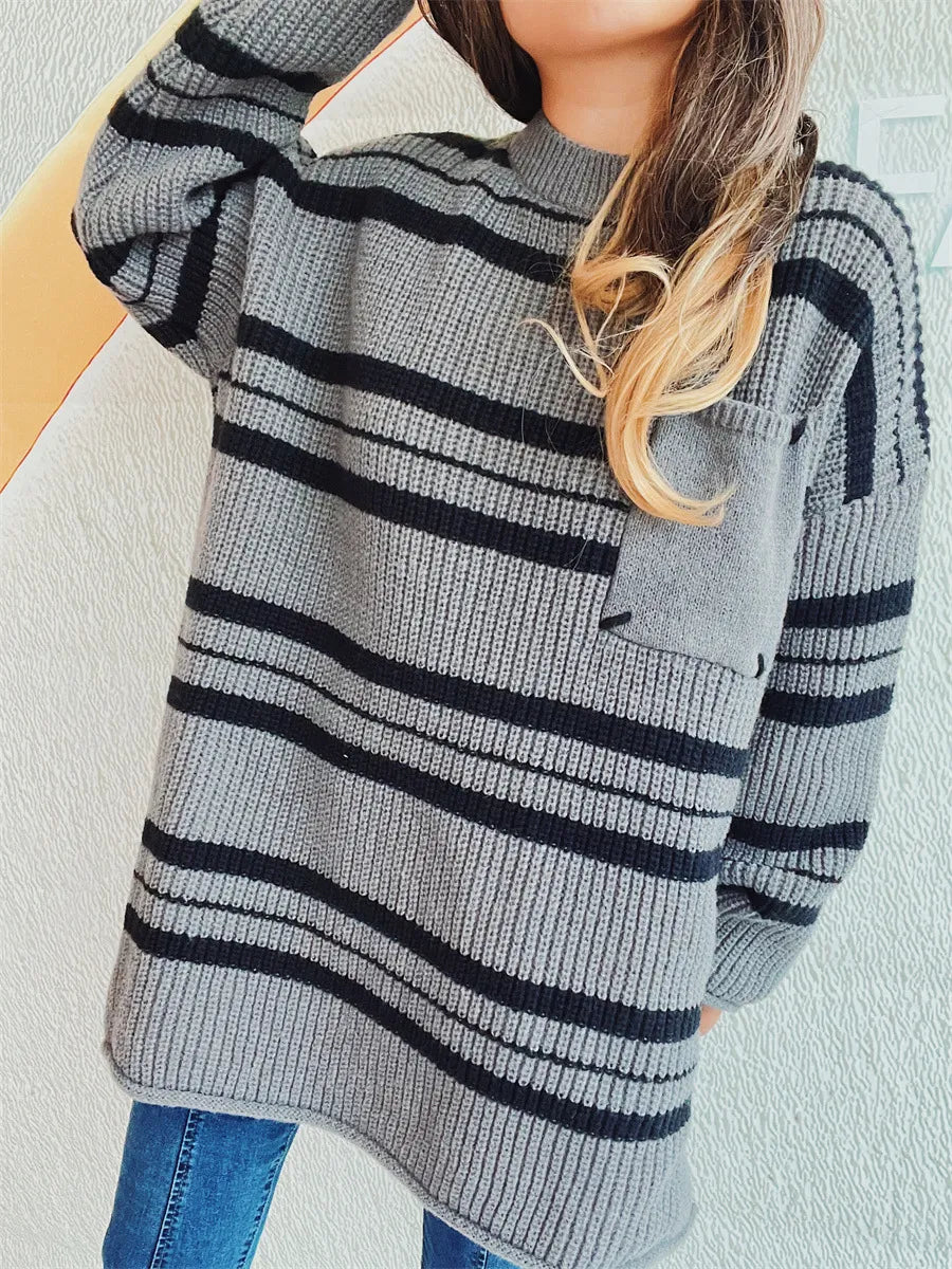Striped Round Neck Long Sleeve Sweater - Korvel