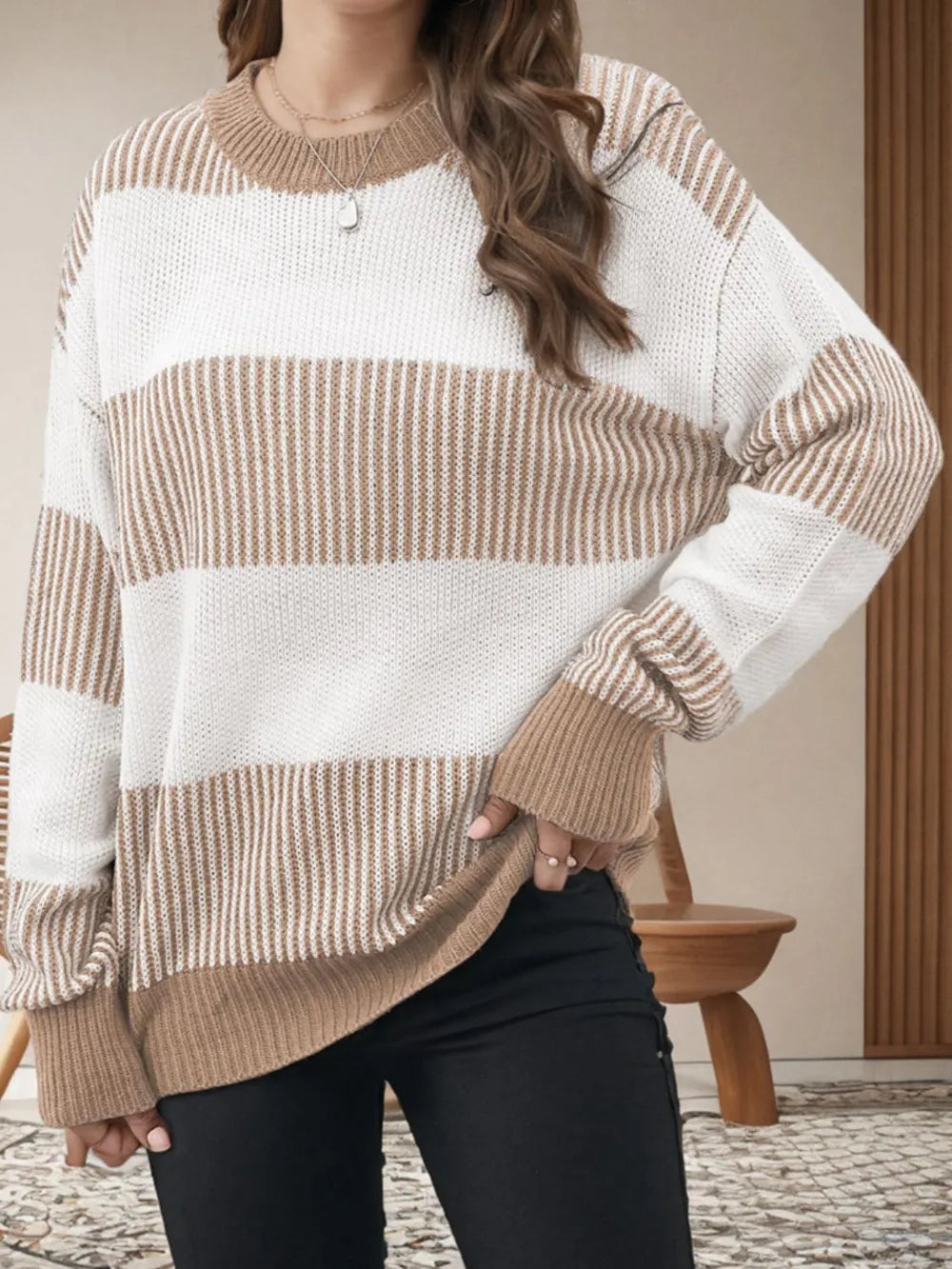 Striped Round Neck Long Sleeve Sweater - Korvel