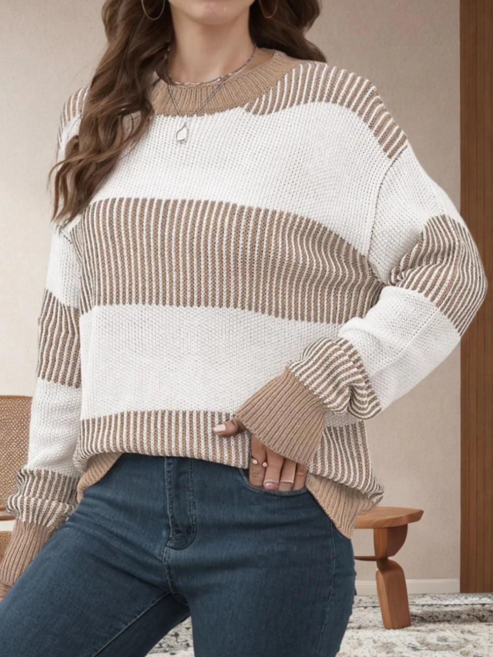 Striped Round Neck Long Sleeve Sweater - Korvel
