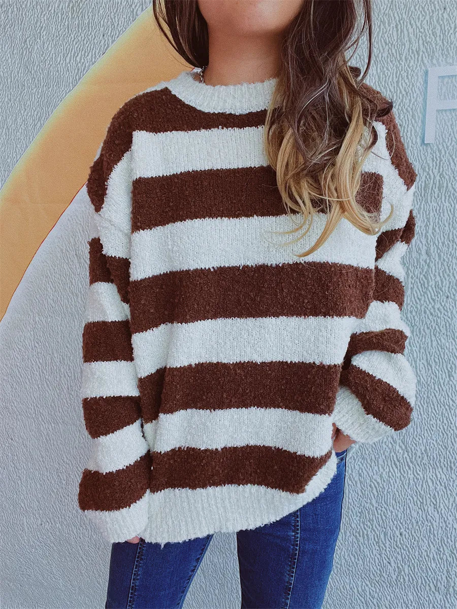 Striped Round Neck Long Sleeve Sweater - Korvel