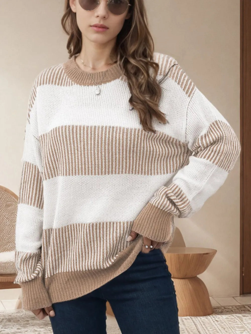 Striped Round Neck Long Sleeve Sweater - Korvel