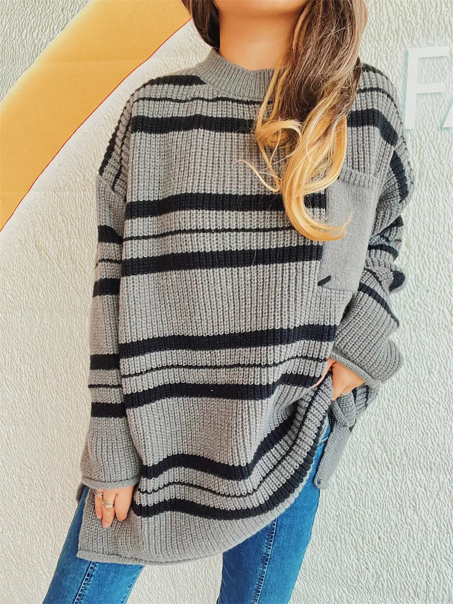 Striped Round Neck Long Sleeve Sweater - Korvel