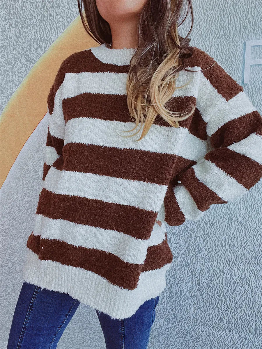 Striped Round Neck Long Sleeve Sweater - Korvel