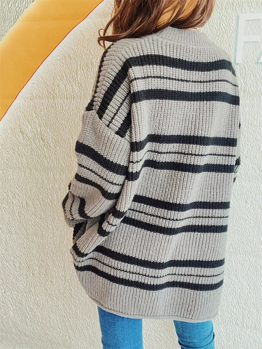 Striped Round Neck Long Sleeve Sweater - Korvel