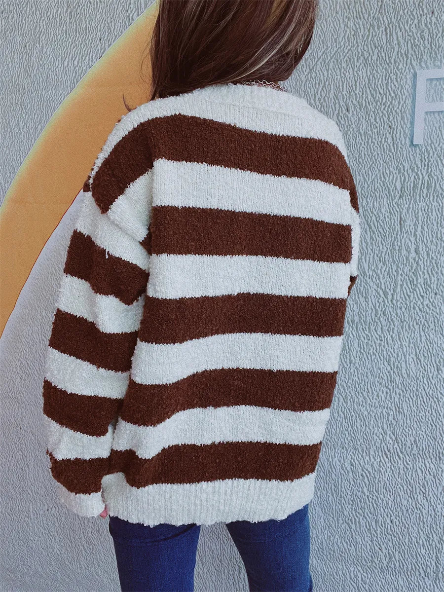 Striped Round Neck Long Sleeve Sweater - Korvel