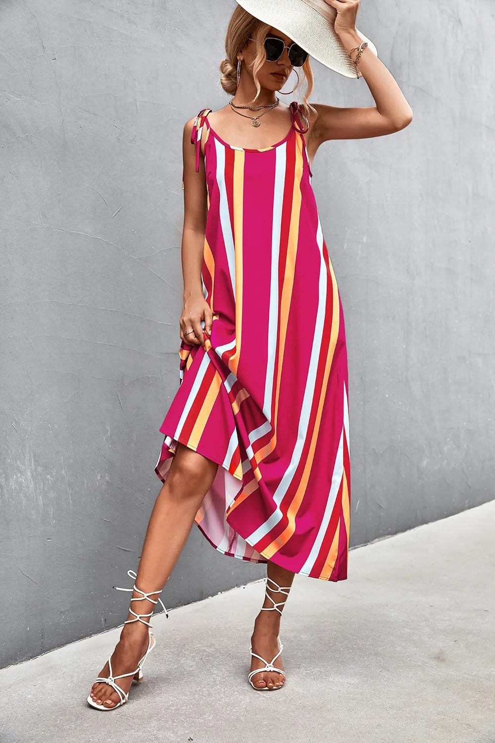 Vestido Cami de Cuello Redondo a Rayas Elegante