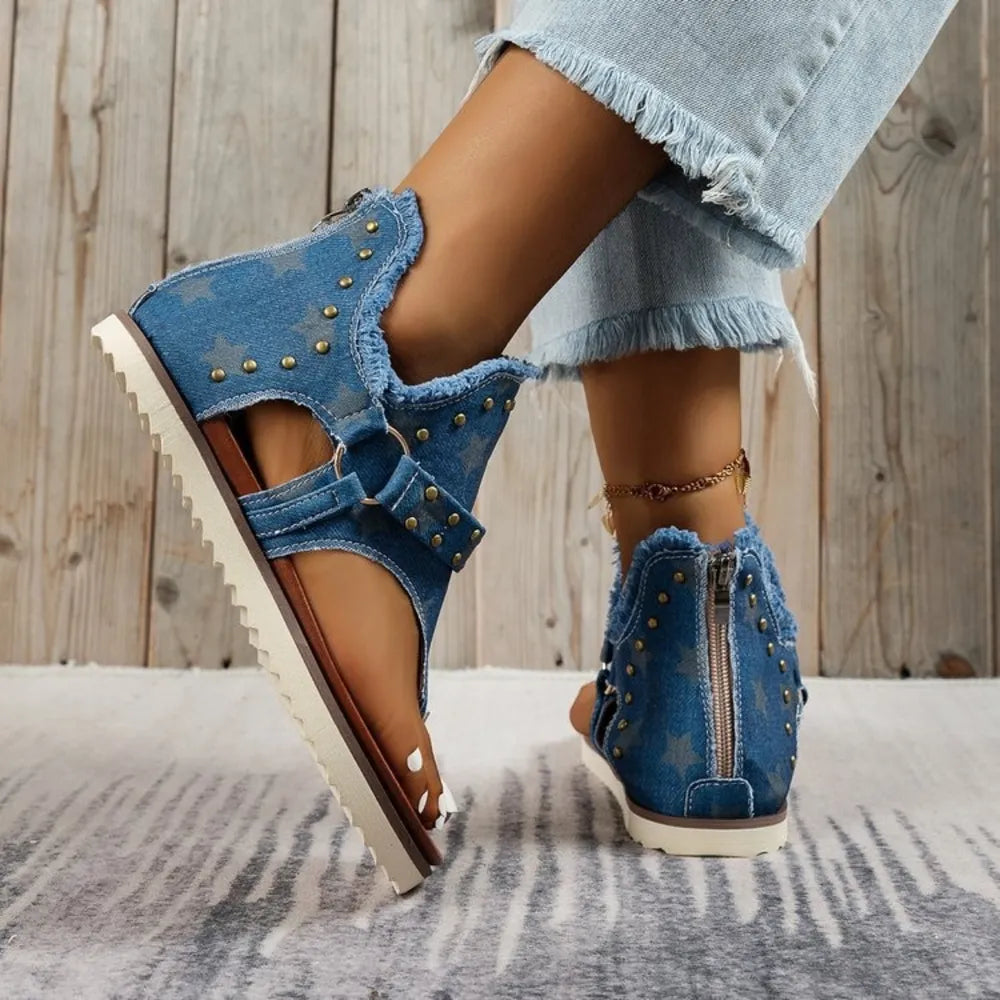 Studded Raw Hem Flat Sandals - Korvel