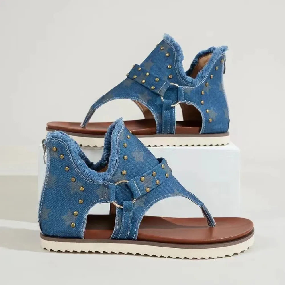 Studded Raw Hem Flat Sandals - Korvel