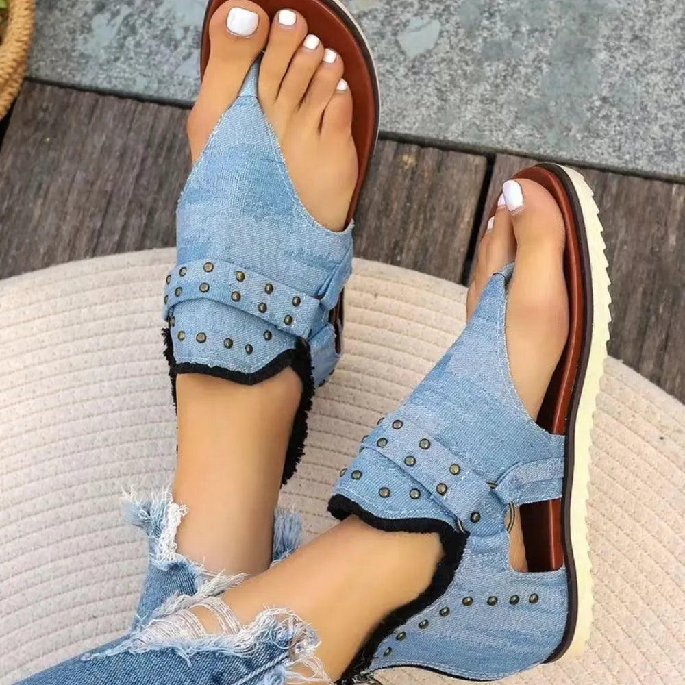 Studded Raw Hem Flat Sandals - Korvel