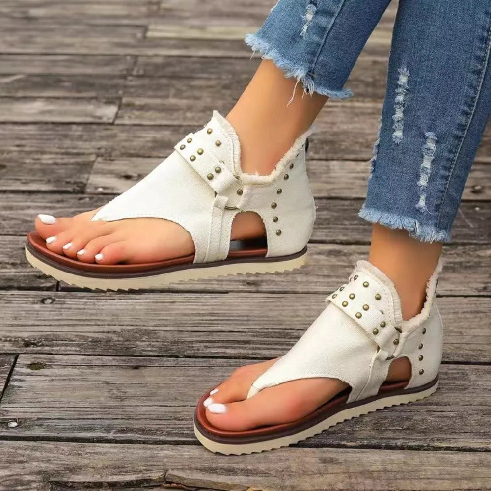 Studded Raw Hem Flat Sandals - Korvel