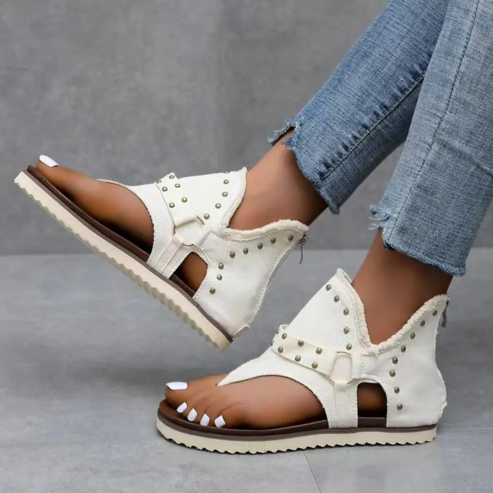 Studded Raw Hem Flat Sandals - Korvel