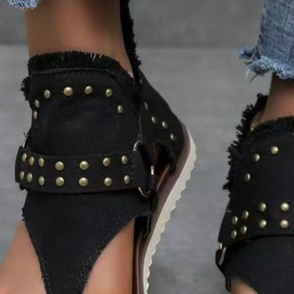 Studded Raw Hem Flat Sandals - Korvel