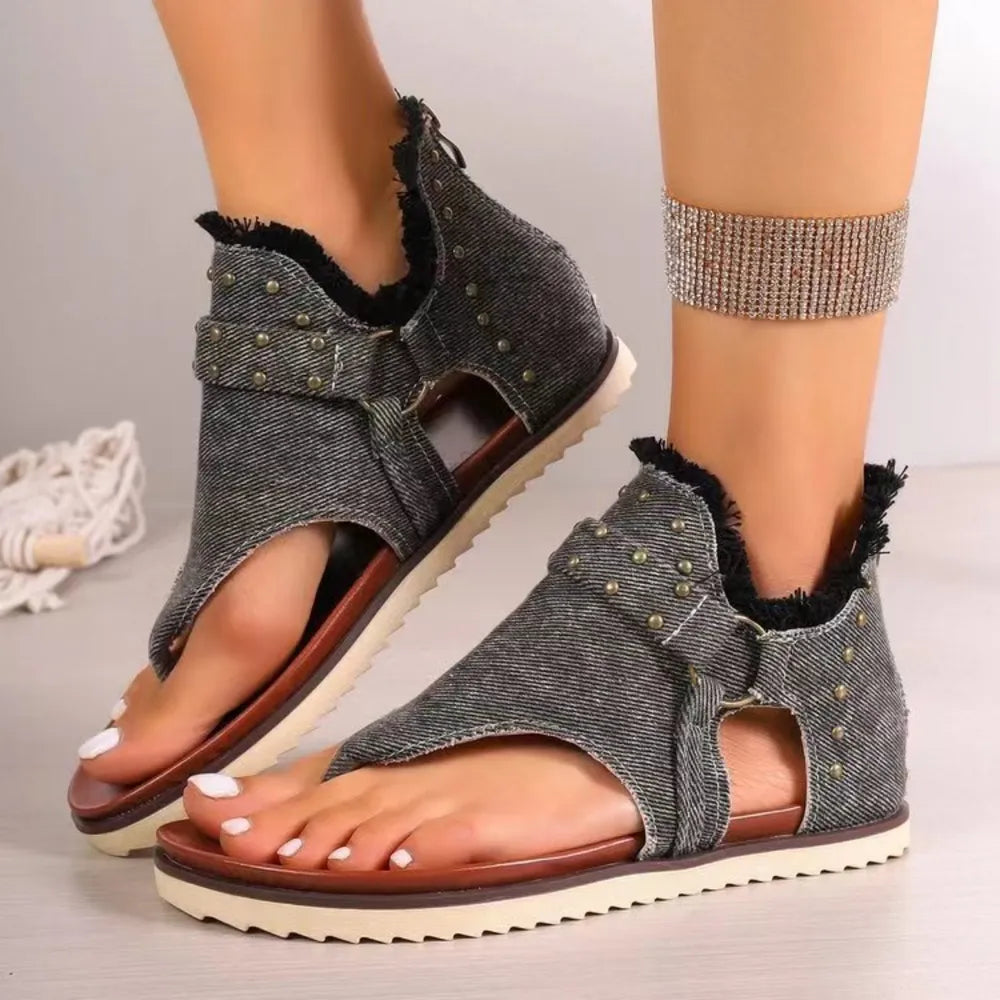 Studded Raw Hem Flat Sandals - Korvel