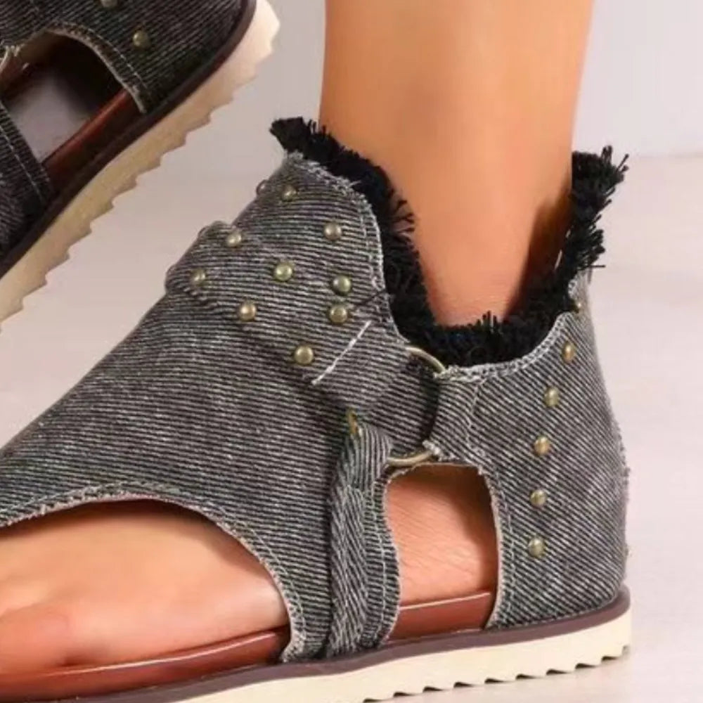 Studded Raw Hem Flat Sandals - Korvel