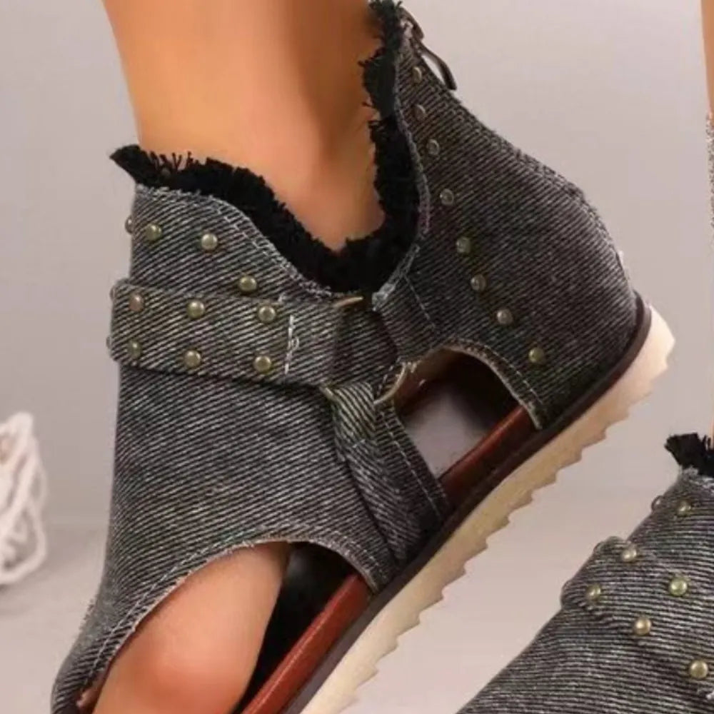Studded Raw Hem Flat Sandals - Korvel