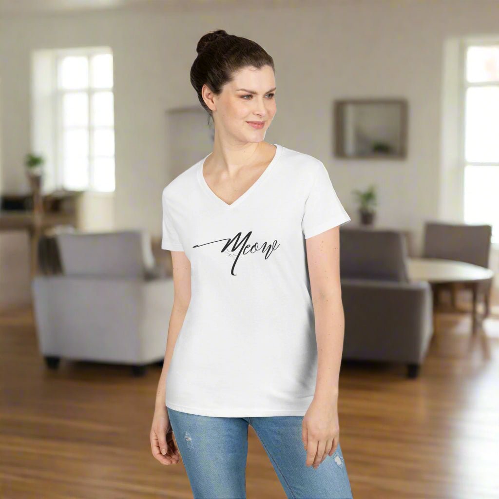 T-shirt à col en V Meow Stylé pour Femmes - Idéal pour les Amoureux des Chats