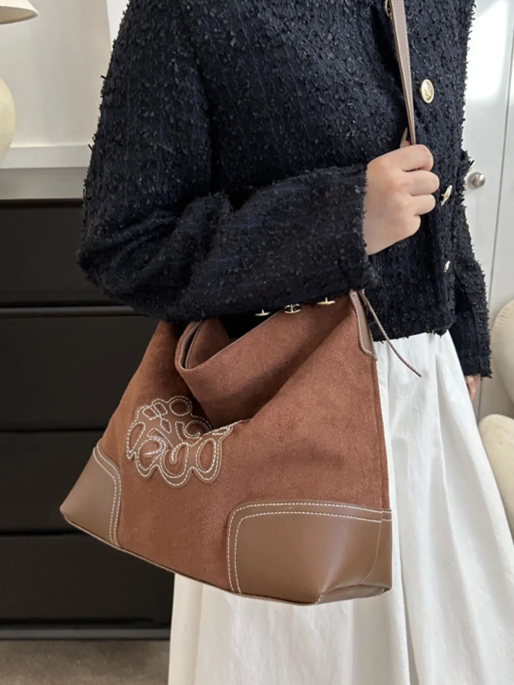Suede Patch Adjustable Strap Tote Bag - Korvel