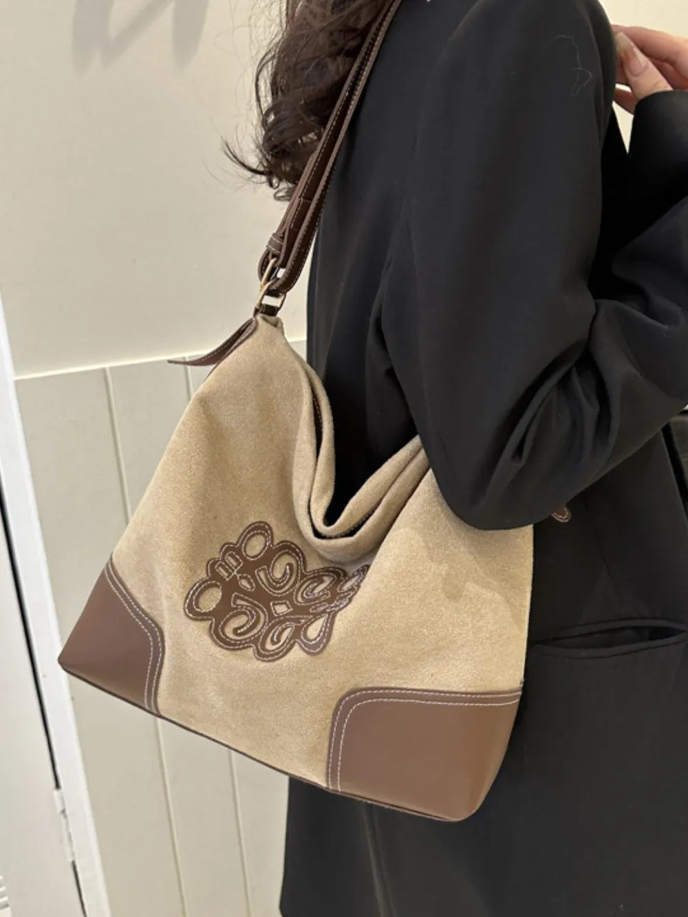 Suede Patch Adjustable Strap Tote Bag - Korvel