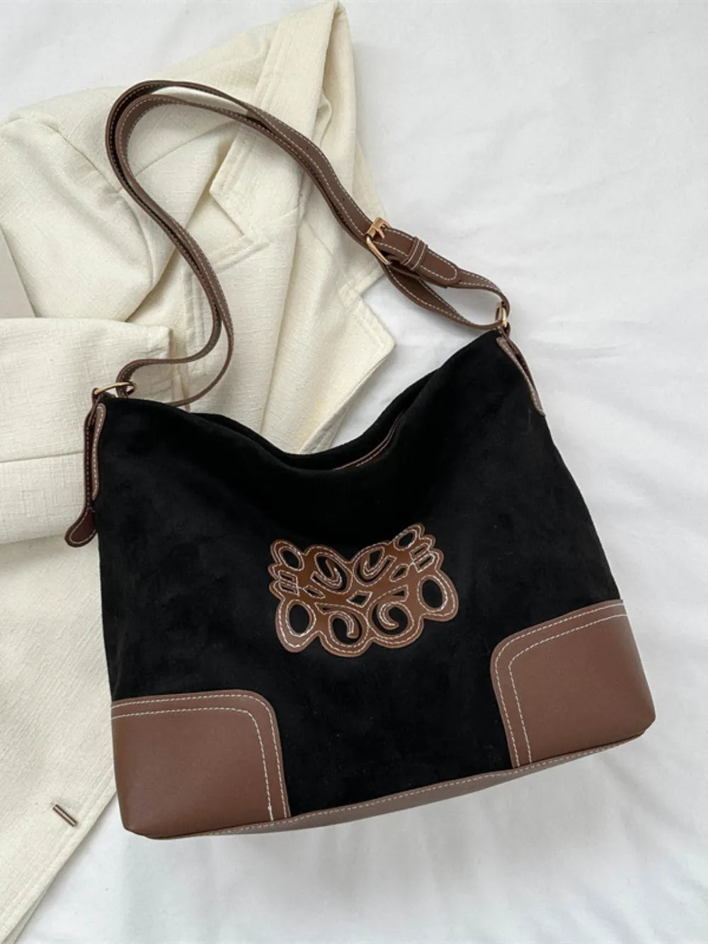 Suede Patch Adjustable Strap Tote Bag - Korvel